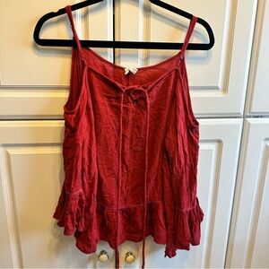 Japna Red Tie-Front Ruffle Tank Top